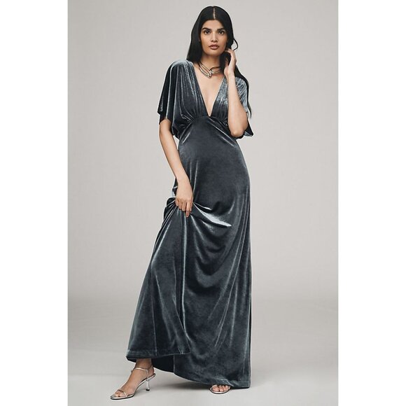 BHLDN Dresses & Skirts - Anthropologie Gray BHLDN Amelia Deep-V Stretch Velvet Maxi Dress Size Large NEW